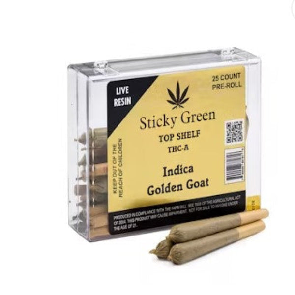 STICKY GREEN TOP SHELF THC-A PRE-ROLL 25CT/DISPLAY INDICA - GOLDEN GOAT