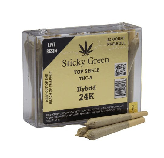 STICKY GREEN TOP SHELF THC-A PRE-ROLL 25CT/DISPLAY HYBRID - 24K
