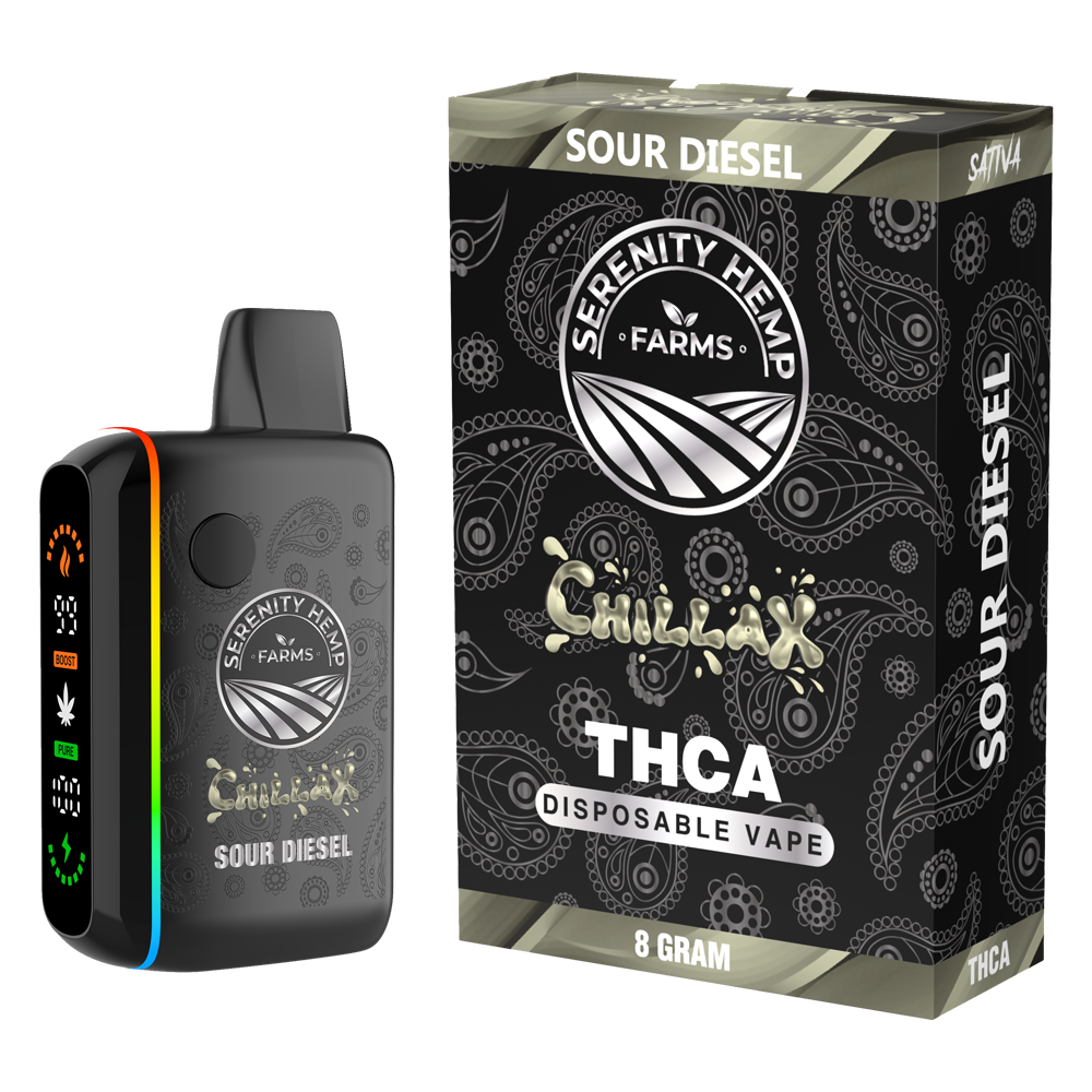 SERENITY HEMP FARMS CHILLAX THC-A 8GM DISPOSABLE VAPE - SOUR DIESEL
