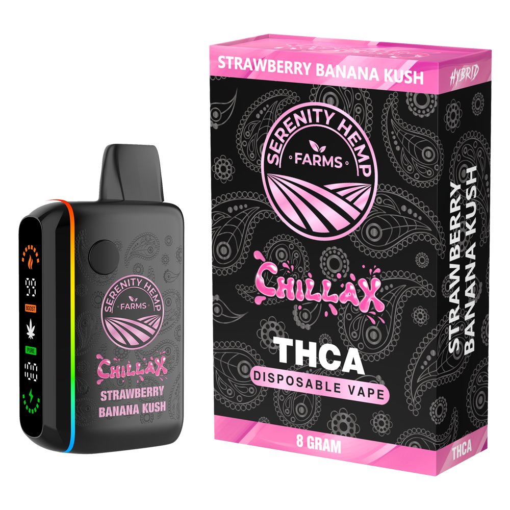 SERENITY HEMP FARMS CHILLAX THC-A 8GM DISPOSABLE VAPE - STRAWBERRY BANANA KUSH