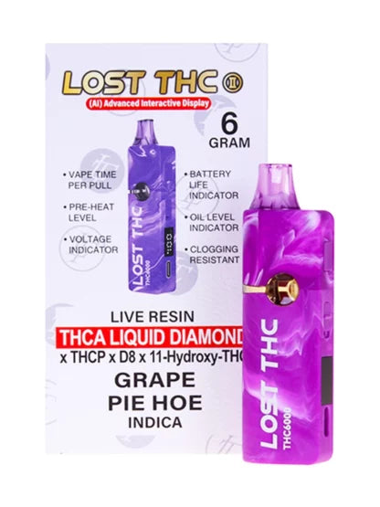 LOST THC LIVE RESIN D8/THCA/THCP 6GM DISPOSABLE - GRAPE PIE HOE