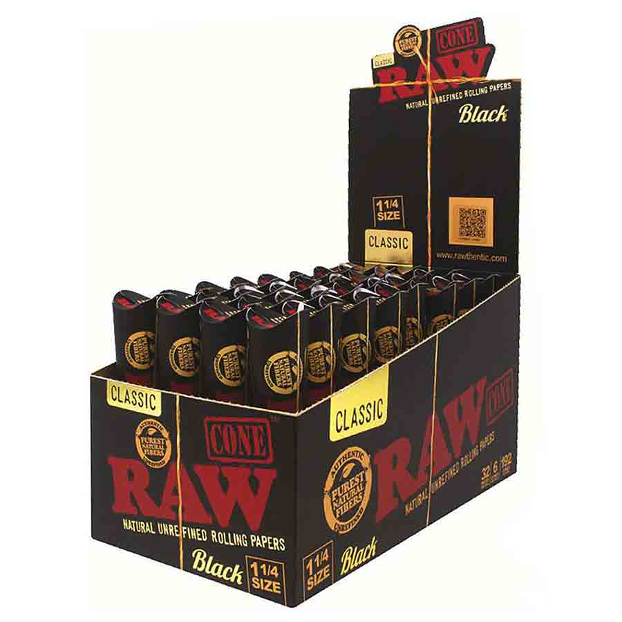 RAW BLACK CLASSIC CONE 1 1/4 SIZE 6PK 32CT/BOX