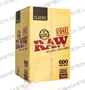 RAW CLASSIC SINGLE SIZE 70/24 PRE-ROLLED CONES 600/BOX