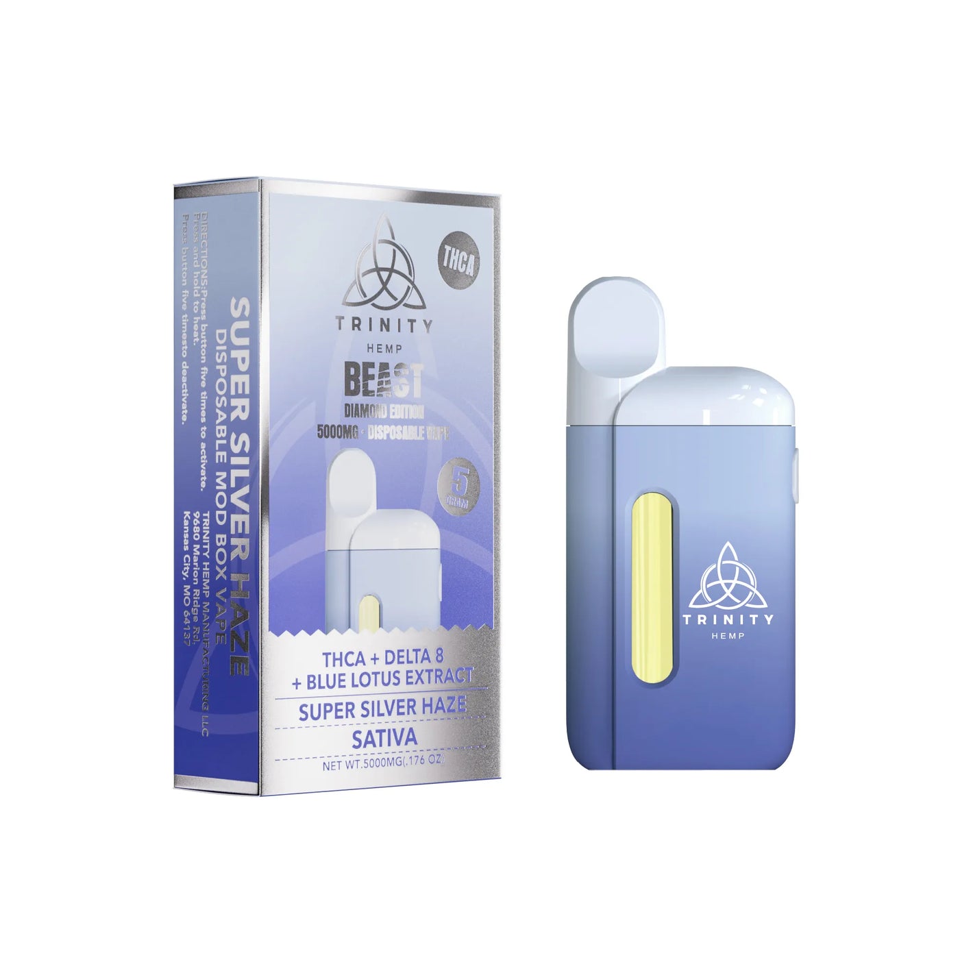 TRINITY BEAST DIAMOND THCA/D8/BLUE LOTUS EXTRACT 5GM DISPOSABLE - SUPER SILVER HAZE