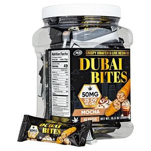 DUBAI BITES CRISPY KNAFEH &LIVE RESIN D9+CBD 40CT JAR - HAZELNUT MILK CHOCOLATE