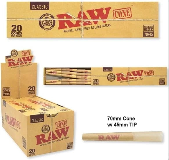 RAW CLASSIC SINGLE SIZE 70/24 PRE-ROLLED CONES 20/PK 12CT/BOX
