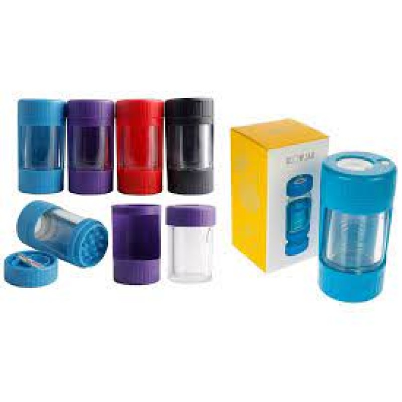 GLOW LED JAR W/GRINDER & ALUMINIUM ONE HITTER IN THE BOTTOM - ASSORTED COLORS